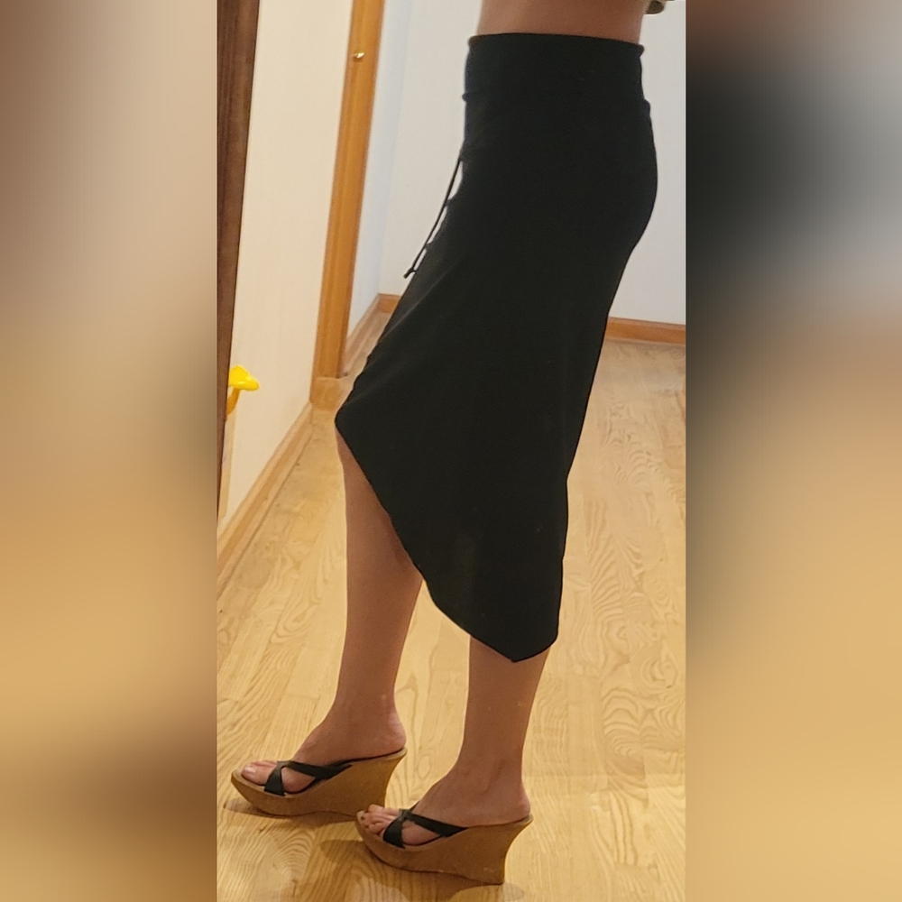 XOXO Small Black Midi Stretch Asymmetrical Skirt with Ties